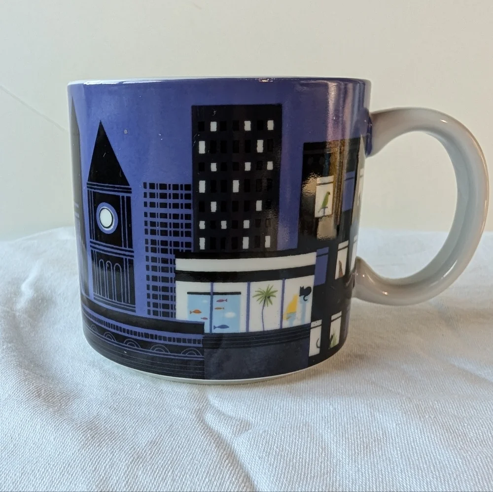 West Elm Sam Kalda ASCPA Pets In Windows City Night Skyline Mug Cup